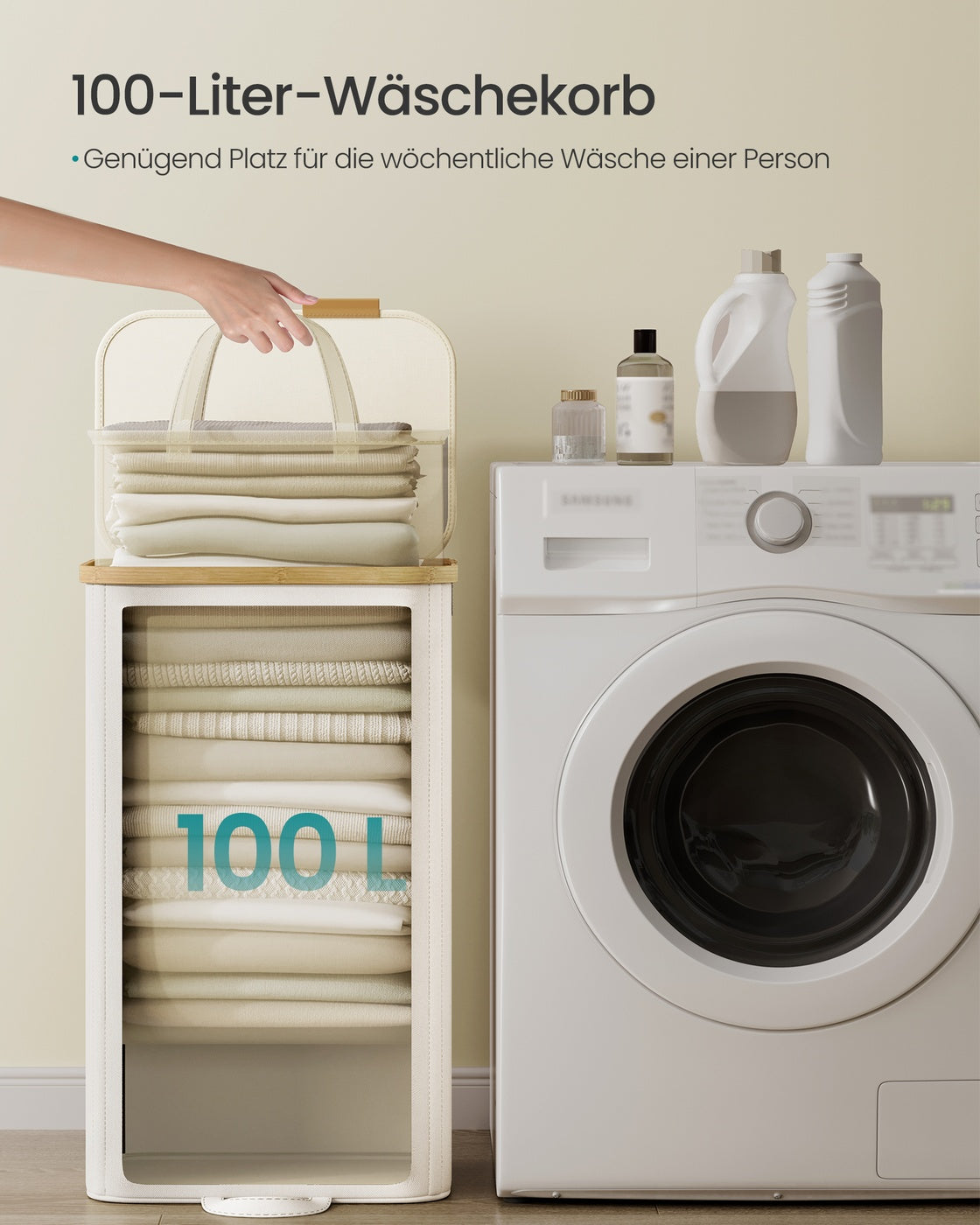 Wasmand 100L - Met Deksel En Uitneembare Waszak - Voor Slaapkamer Of Badkamer