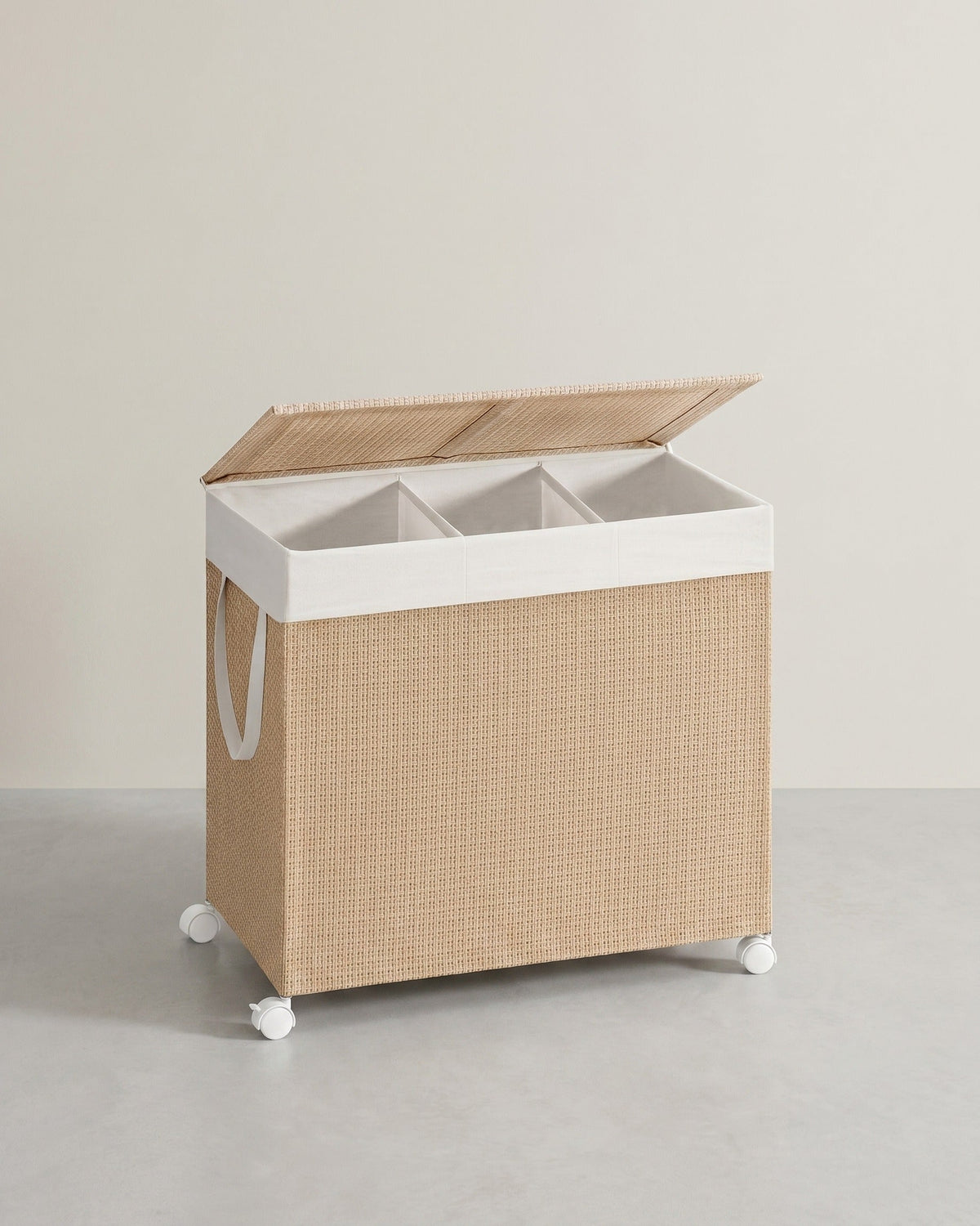 Wasmand met 3 Compartimenten – 140 L – Met Wielen, Deksel en Uitneembare Waszak – Rotan Look – Natuurlijk Beige