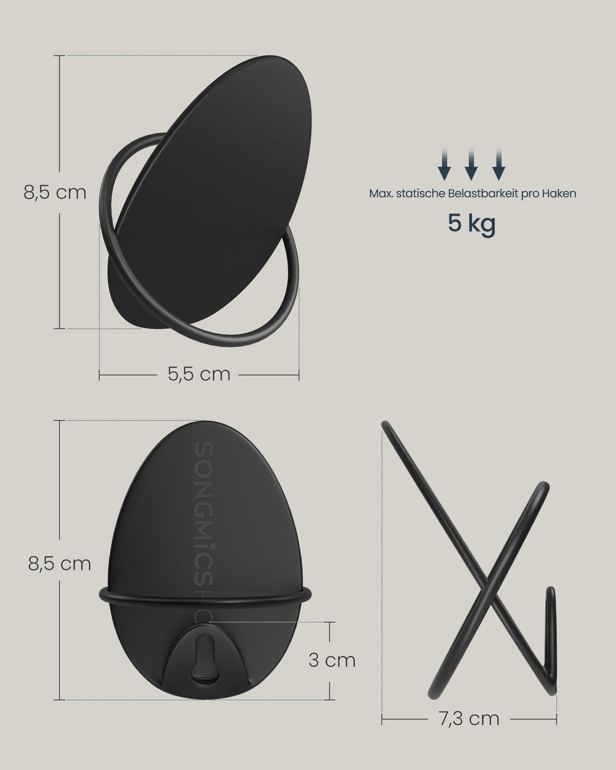 Muurhaak – Eivormig ontwerp – Wandmontage – Staal – Maximaal draagvermogen 5 kg