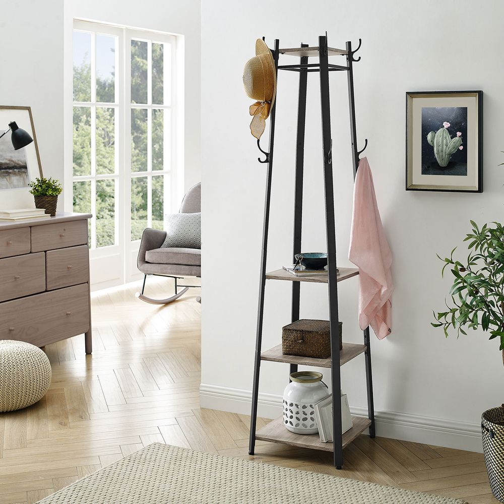 Garderobestandaard in Vintage-Stijl Met Planken, Haken en Kledingroede – Ruimtebesparend en Stabiel Ontwerp