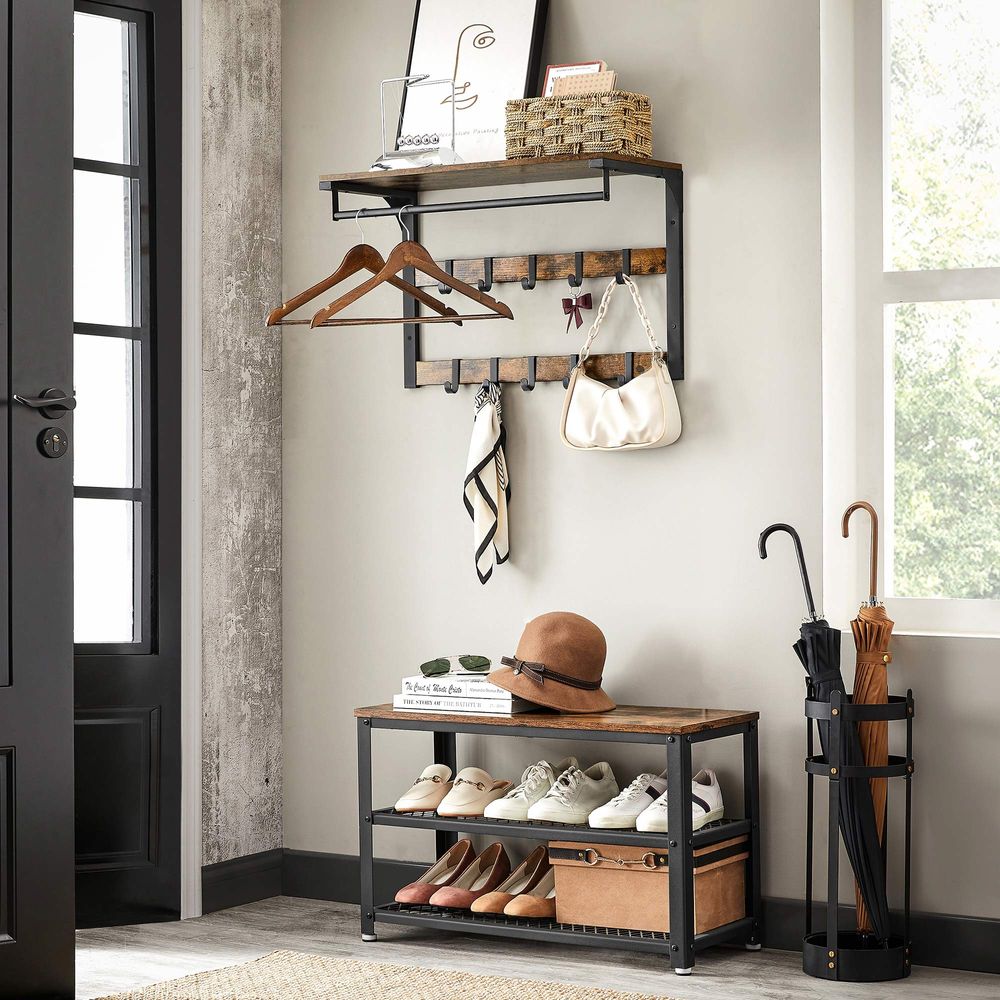 Wandkapstok – Industrieel Design – Met Legplank, Kledingstang en 10 Haken – Ruimtebesparend Wandrek