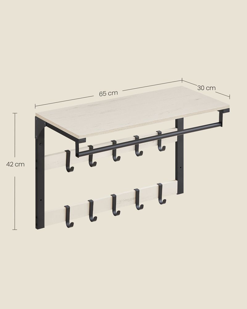 Wandkapstok – Industrieel Design – Met Legplank, Kledingstang en 10 Haken – Ruimtebesparend Wandrek