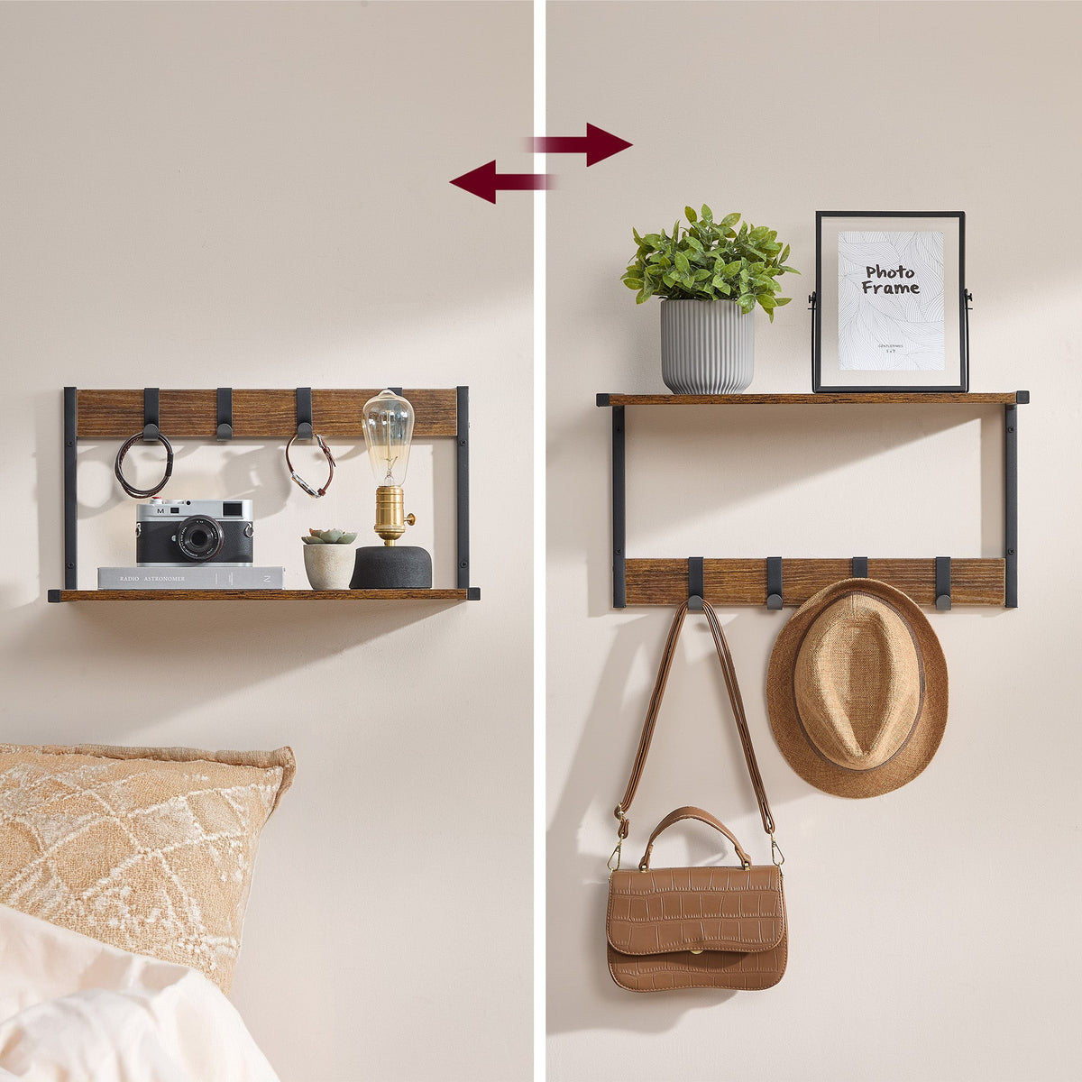 Set van 2 Wandplanken – Zwevende Planken – 24 cm diep – Met Haakjes – Voor Woonkamer, Keuken, Badkamer of Slaapkamer – Totale Draagvermogen 35 kg
