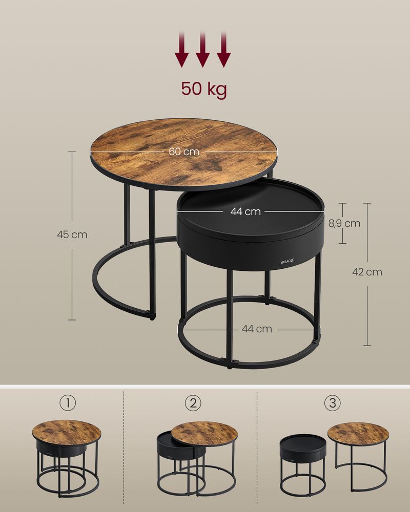 Set van 2 Ronde Bijzettafels – Nesttafels met Opbergruimte – Salontafelcombinatie Hout met Staal