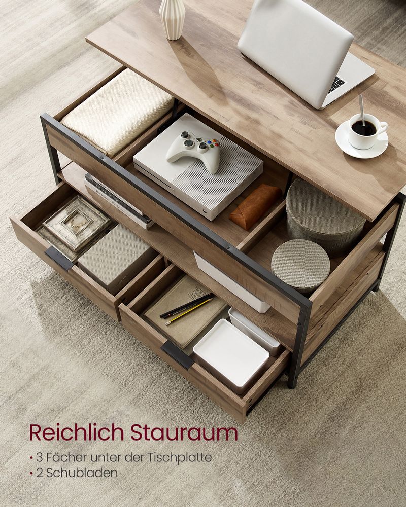 Salontafel Lift-Top – In Hoogte Verstelbaar Blad – Industrieel 100 cm – Met Lades & Opbergruimte