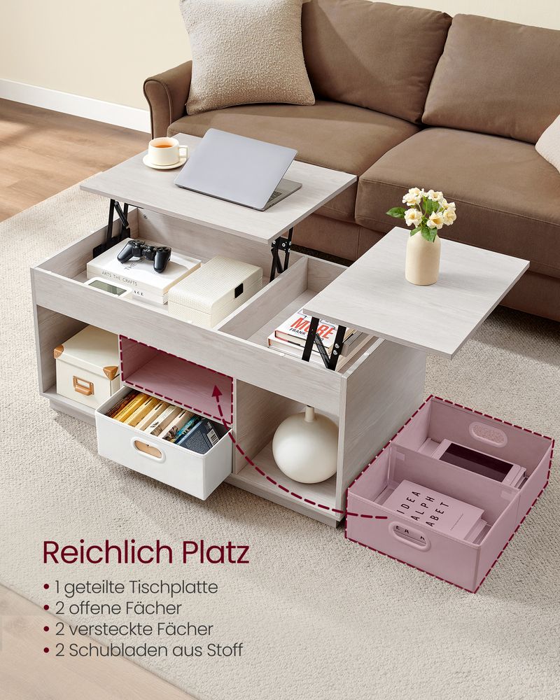 Salontafel met Lift-Top – Moderne Koffietafel met Verstelbaar Tafelblad – Verborgen Opbergruimte & Lades – 100 cm – Hout & Staal
