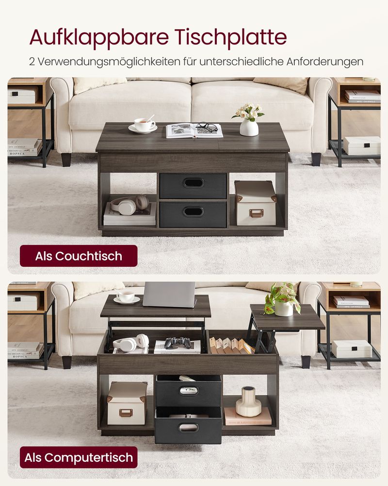 Salontafel met Lift-Top – Moderne Koffietafel met Verstelbaar Tafelblad – Verborgen Opbergruimte & Lades – 100 cm – Hout & Staal