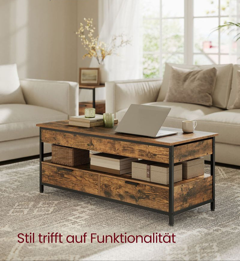 Industrieel Verstelbaar Salontafel met Lift-Top – 120 x 50 cm – Met Lades en Verborgen Opbergruimte