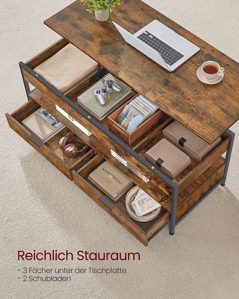 Industrieel Verstelbaar Salontafel met Lift-Top – 120 x 50 cm – Met Lades en Verborgen Opbergruimte