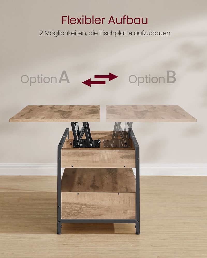 Industrieel Verstelbaar Salontafel met Lift-Top – 120 x 50 cm – Met Lades en Verborgen Opbergruimte