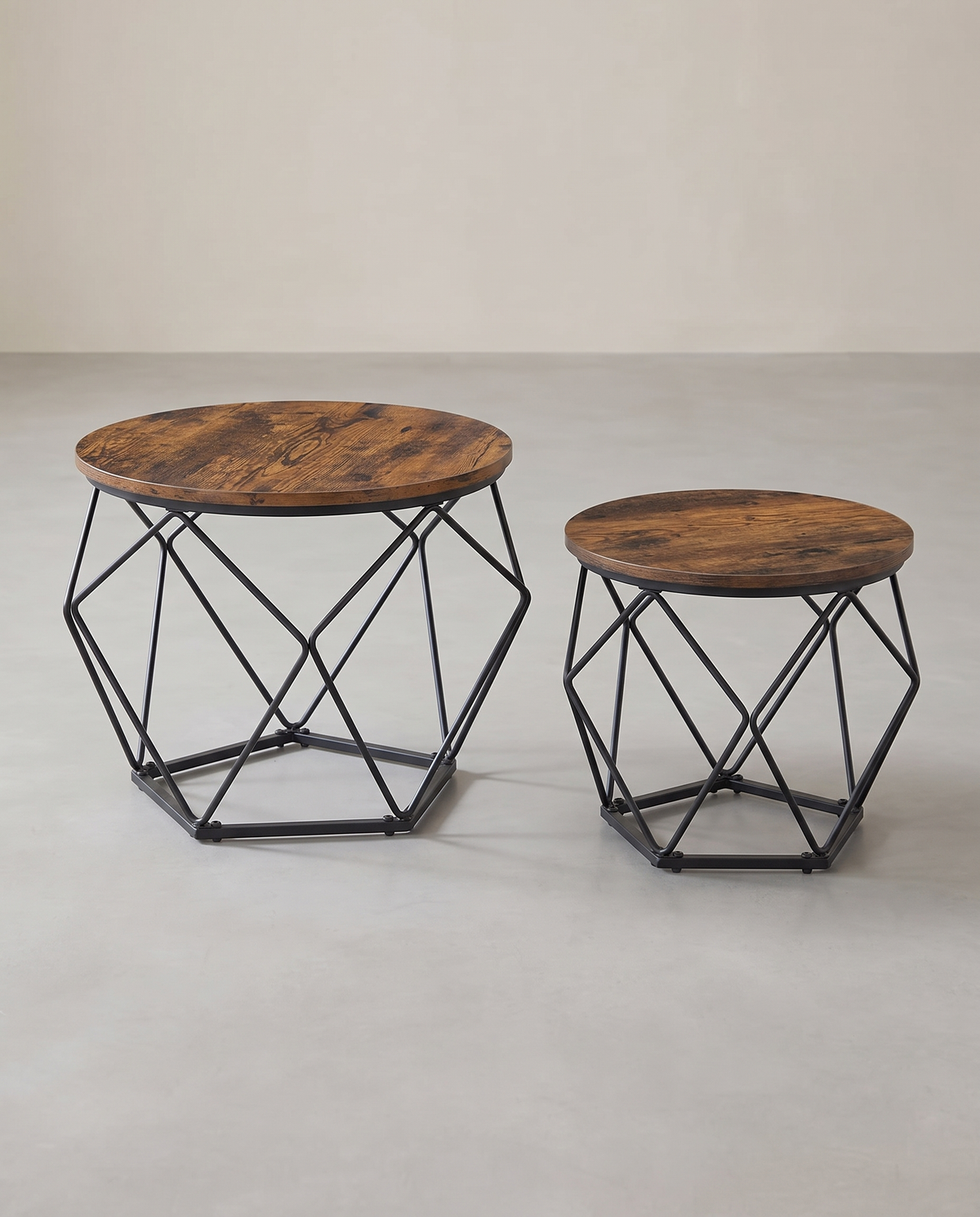 Set van 2 Salontafels – Industrieel Design – Rond – Metaal & Houtlook
