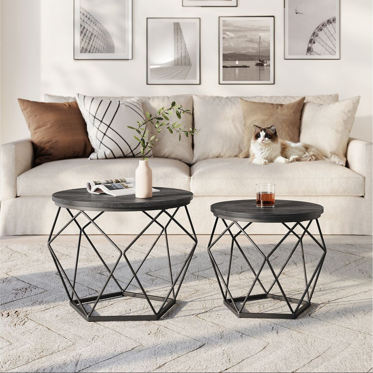 Set van 2 Ronde Bijzettafels – Modern Design – Zwart – Compact en Multifunctioneel