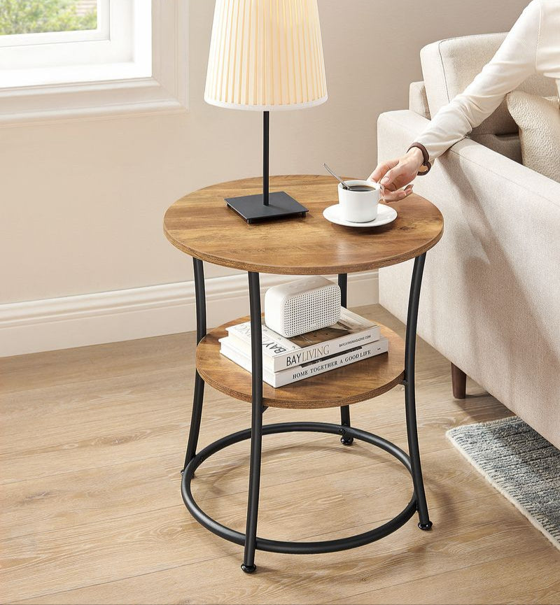Ronde Bijzettafel Walnootbruin-Zwart – 2 Niveaus – Verstelbare Poten – 55 cm Diameter