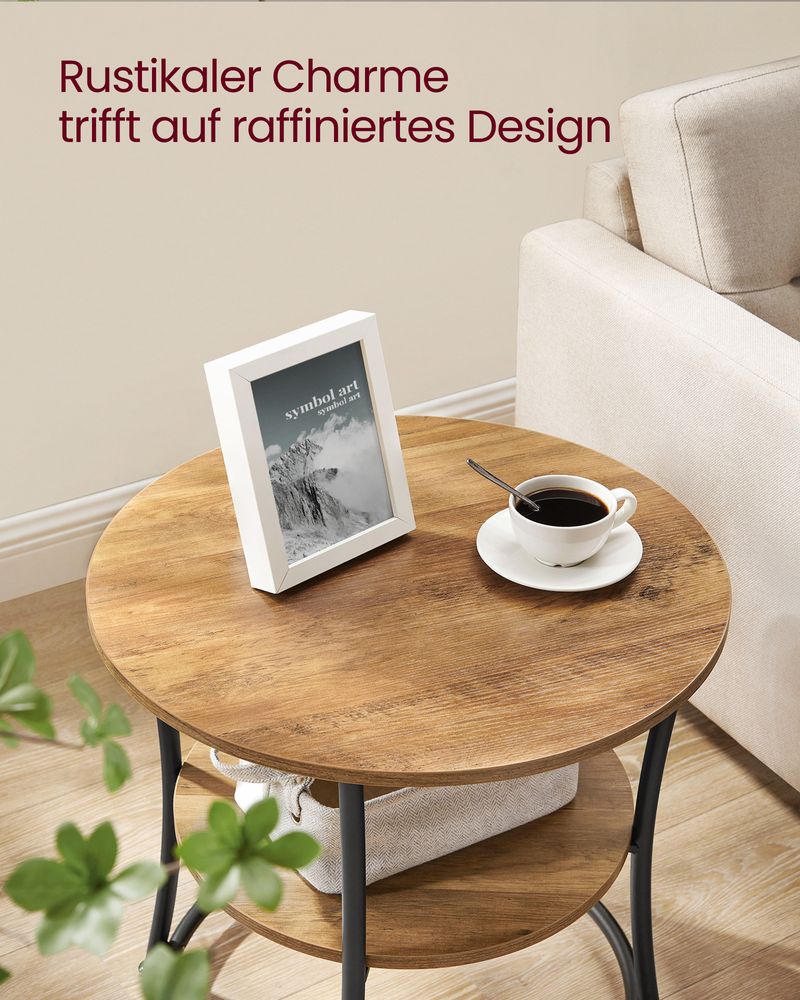 Ronde Bijzettafel Walnootbruin-Zwart – 2 Niveaus – Verstelbare Poten – 55 cm Diameter