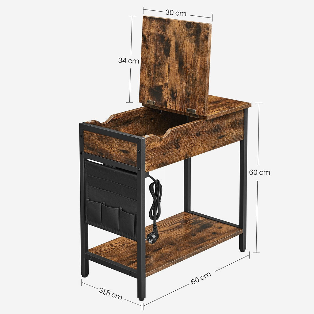 Bijzettafel met Stopcontacten en USB – Industrieel Design – 60 x 31,5 x 60 cm – Opbergvak & Stoffen Tas