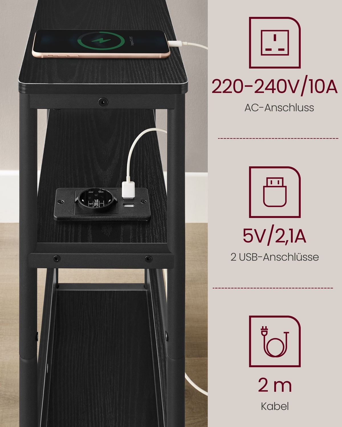 Bijzettafel Smal met Oplaadfunctie – 3 Planken – Nachtkastje / Banktafel – voor Woonkamer & Slaapkamer