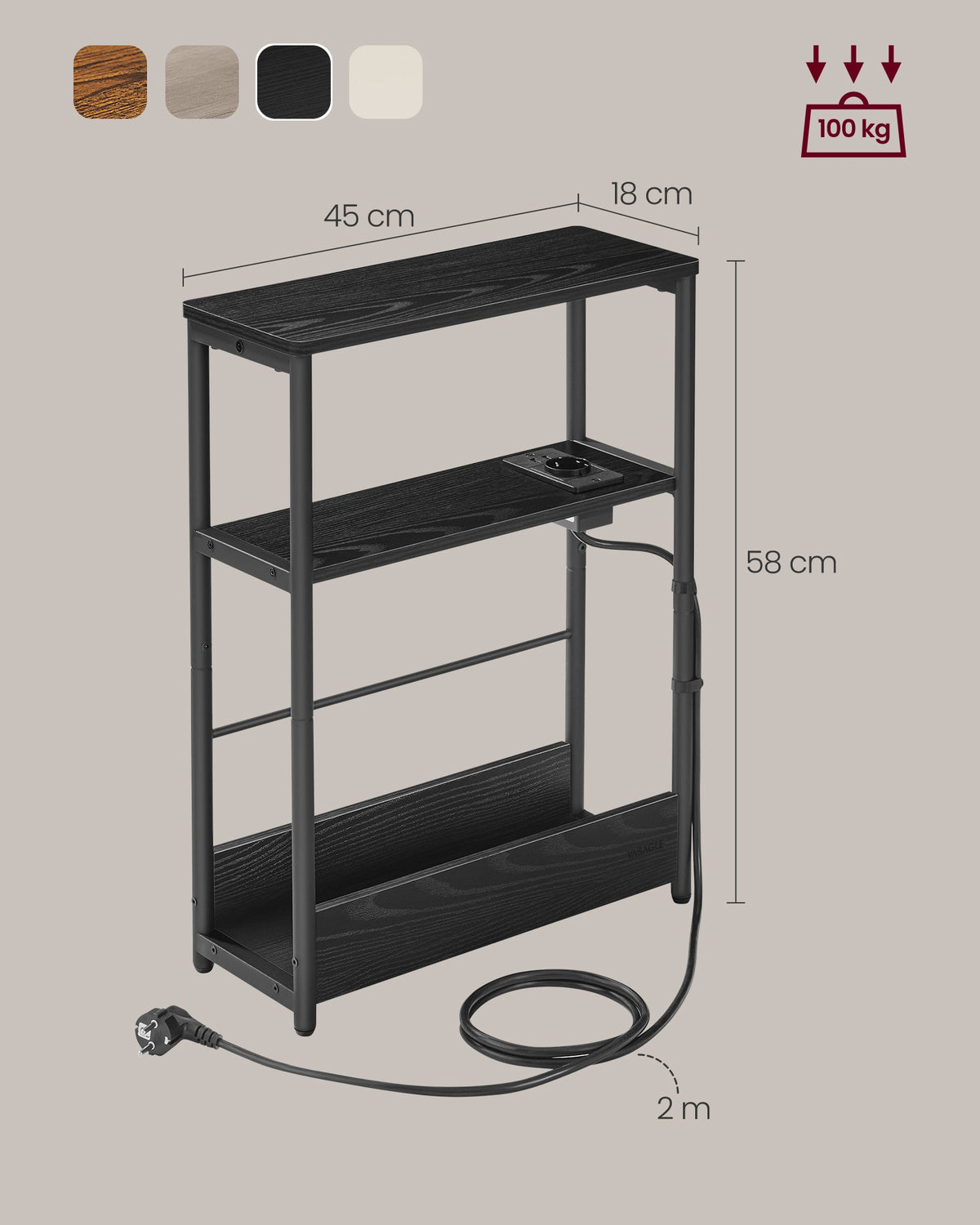 Bijzettafel Smal met Oplaadfunctie – 3 Planken – Nachtkastje / Banktafel – voor Woonkamer & Slaapkamer