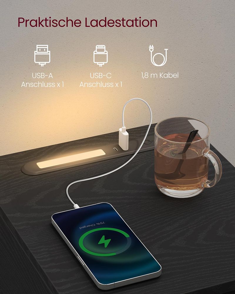 Nachtkastje met LED-Verlichting, USB-A & USB-C – Compact en Functioneel