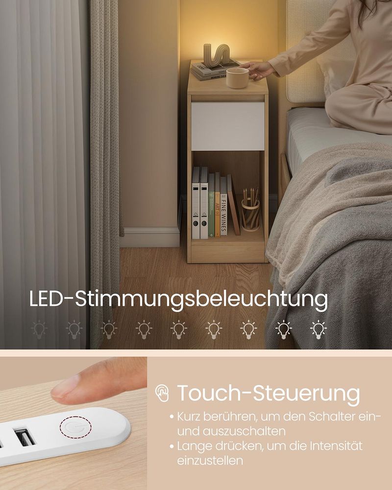 Nachtkastje met LED-Verlichting, USB-A & USB-C – Compact en Functioneel