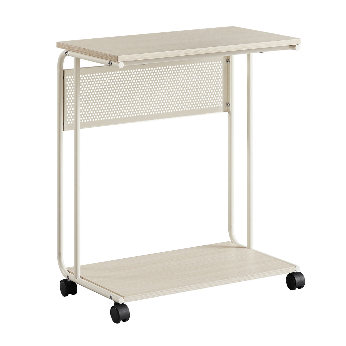 C-vormige Bijzettafel op Wieltjes – 55 x 34 x 66 cm – In Hoogte Inschuifbaar – Met Zijhaakjes – Creme wit