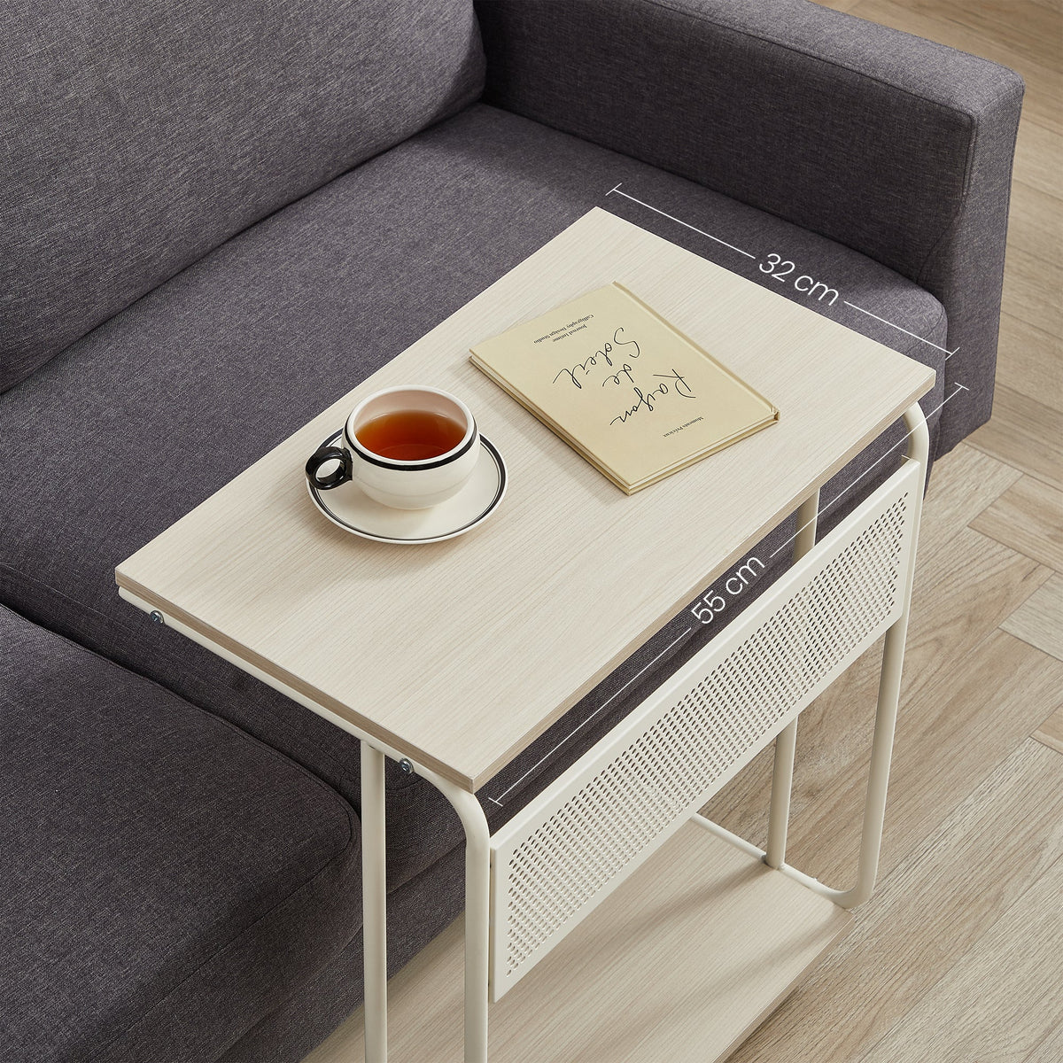C-vormige Bijzettafel op Wieltjes – 55 x 34 x 66 cm – In Hoogte Inschuifbaar – Met Zijhaakjes – Creme wit