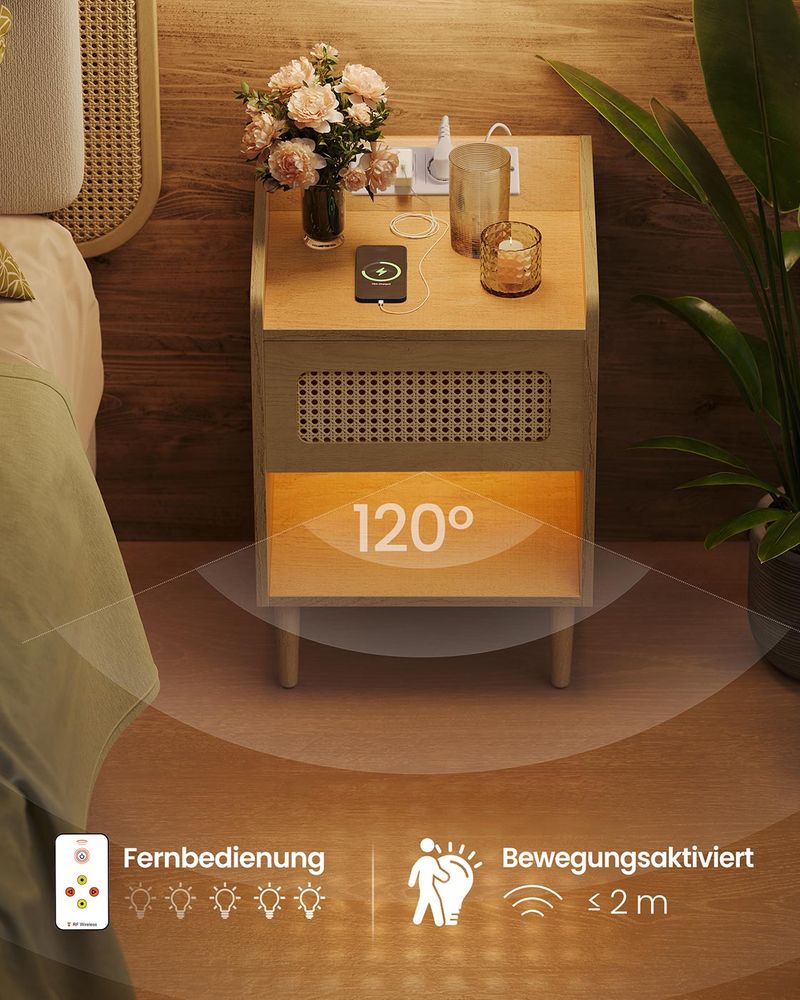 BOHO Nachtkastje met Lade en Open Vak – Massief Houten Poten – Ingebouwd Laadstation & Bewegingssensor Verlichting