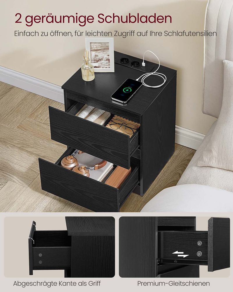 Nachtkastje met Stopcontact & USB – 2 Lades – Wit – Bijzettafel met Oplaadstation – Los of Set van 2