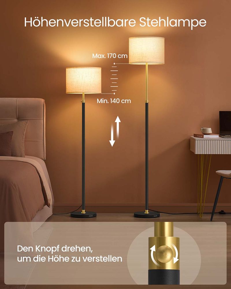 Staande Lamp met Stoffen Lampenkap – Verstelbare Hoogte – Inclusief LED-lamp – Goud-Zwart