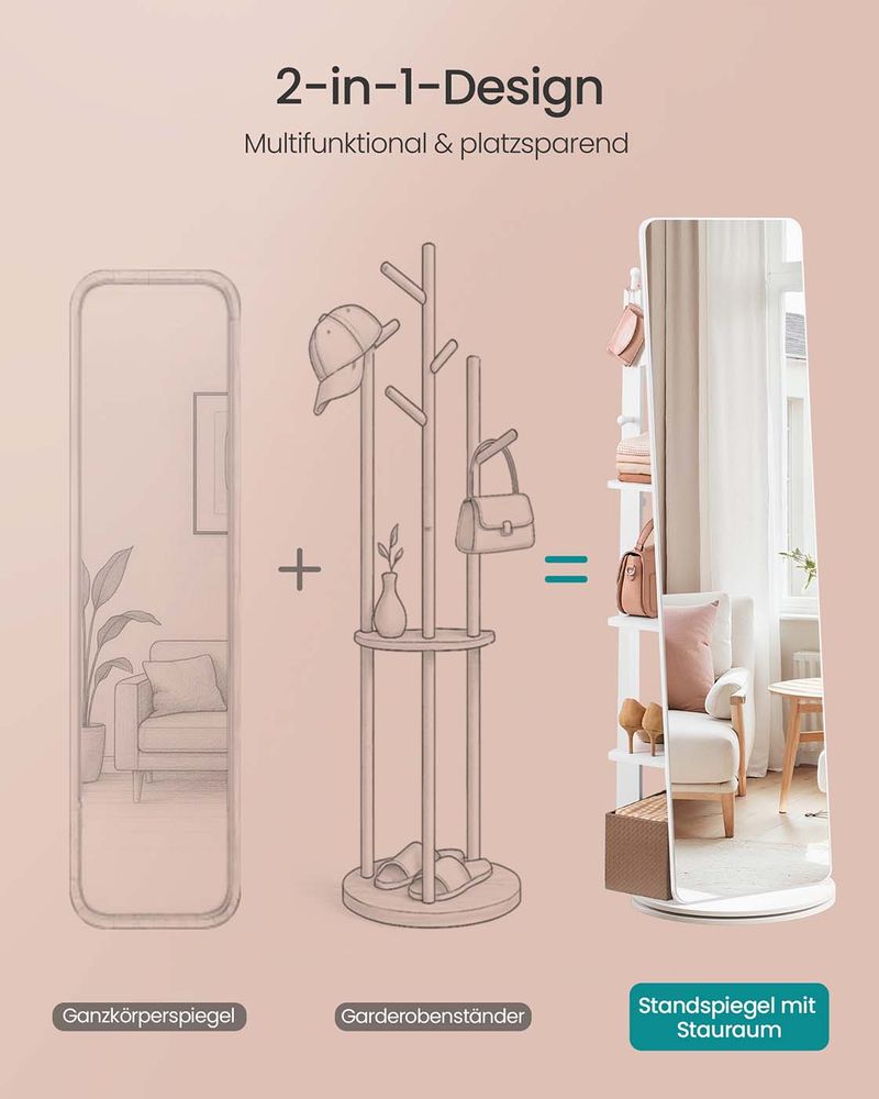 Staande Spiegel Met Opbergruimte – 360° Draaibaar – Met 4 Planken En 4 Haken – Full-Body Spiegel – MDF En Veiligheidsglas