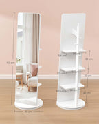 Staande Spiegel Met Opbergruimte – 360° Draaibaar – Met 4 Planken En 4 Haken – Full-Body Spiegel – MDF En Veiligheidsglas