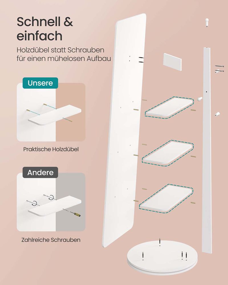Staande Spiegel Met Opbergruimte – 360° Draaibaar – Met 4 Planken En 4 Haken – Full-Body Spiegel – MDF En Veiligheidsglas