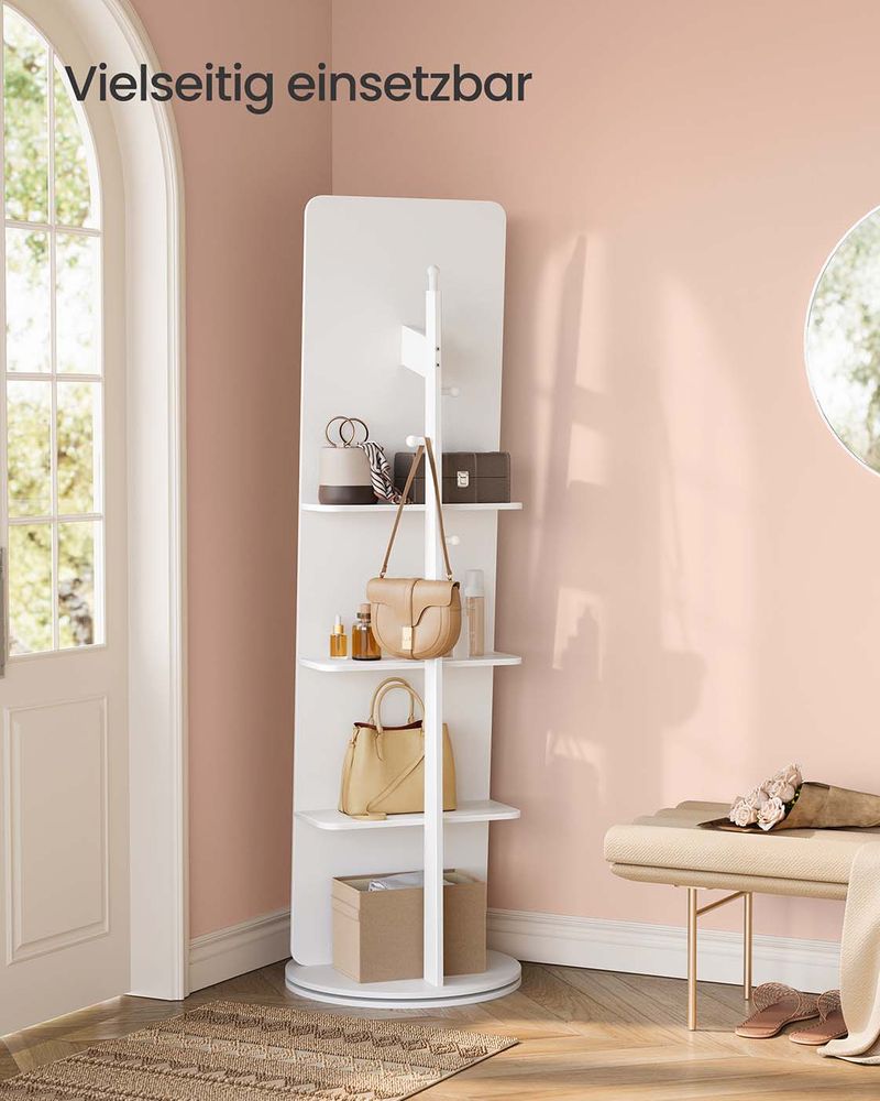 Staande Spiegel Met Opbergruimte – 360° Draaibaar – Met 4 Planken En 4 Haken – Full-Body Spiegel – MDF En Veiligheidsglas