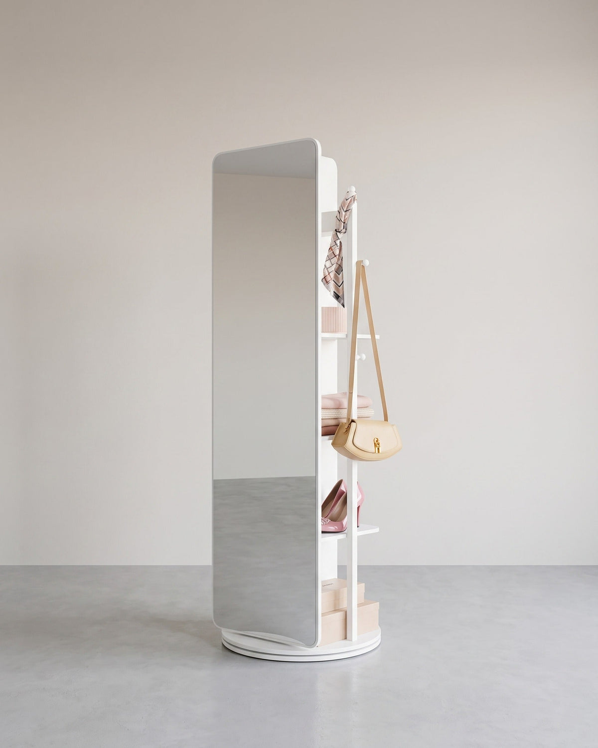 Staande Spiegel Met Opbergruimte – 360° Draaibaar – Met 4 Planken En 4 Haken – Full-Body Spiegel – MDF En Veiligheidsglas
