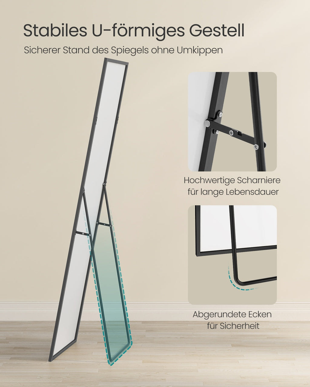 Passpiegel - Rechthoekig - Zwart Frame - Vloermodel