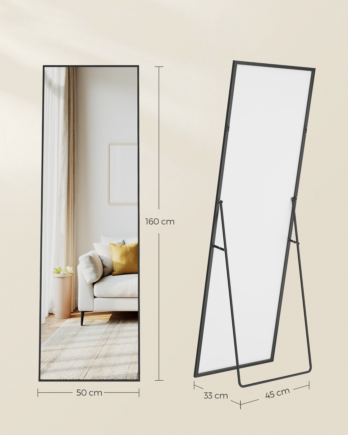 Passpiegel - Rechthoekig - Zwart Frame - Vloermodel