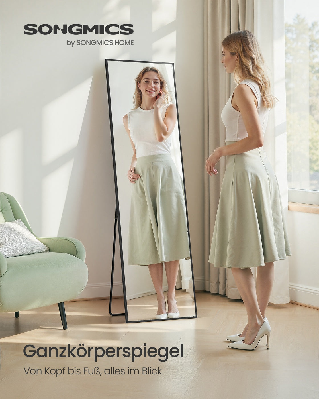 Passpiegel Staand 150 x 40 cm - Rechthoekig Met Aluminium Frame - Voor Slaapkamer