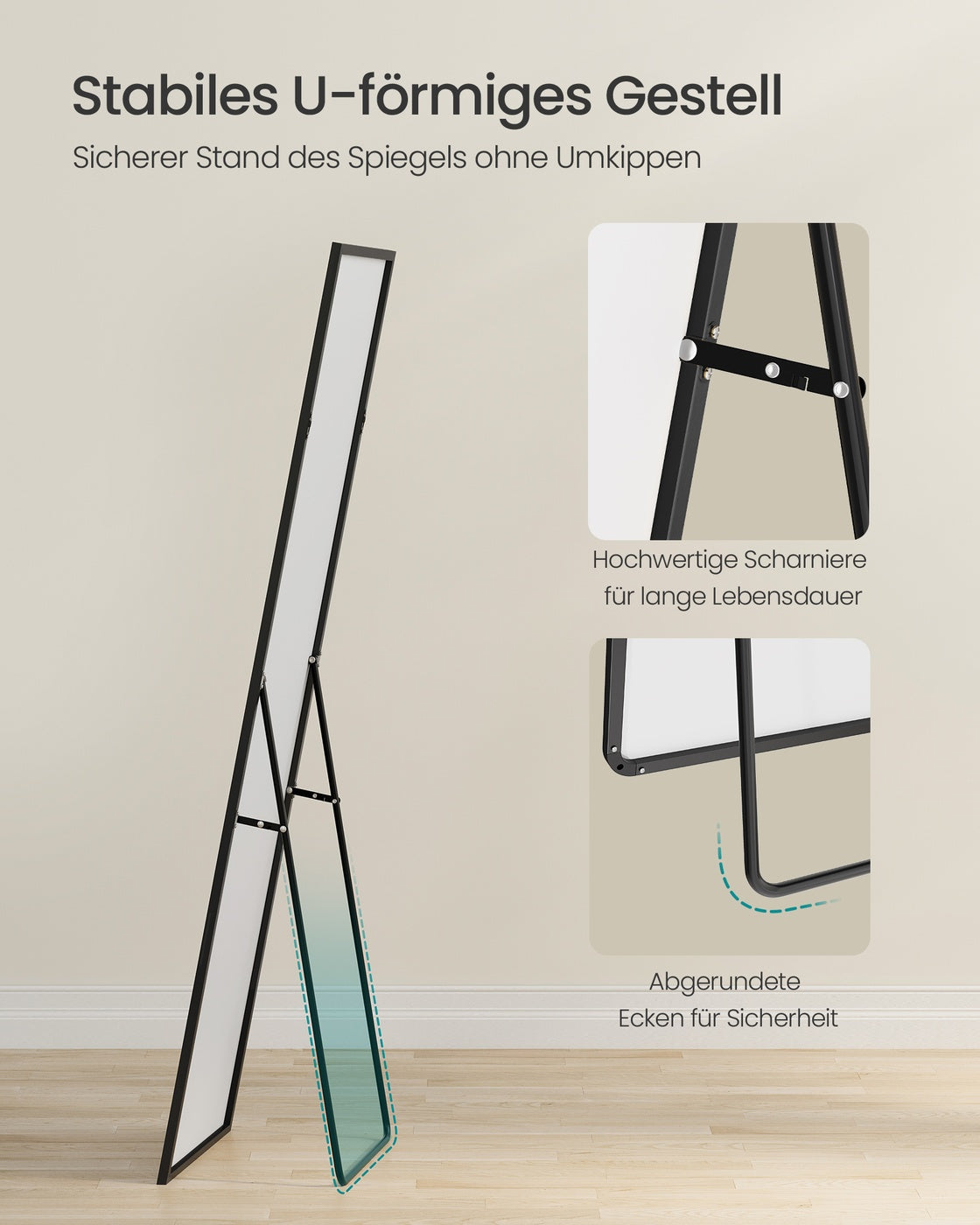 Passpiegel Staand 150 x 40 cm - Rechthoekig Met Aluminium Frame - Voor Slaapkamer