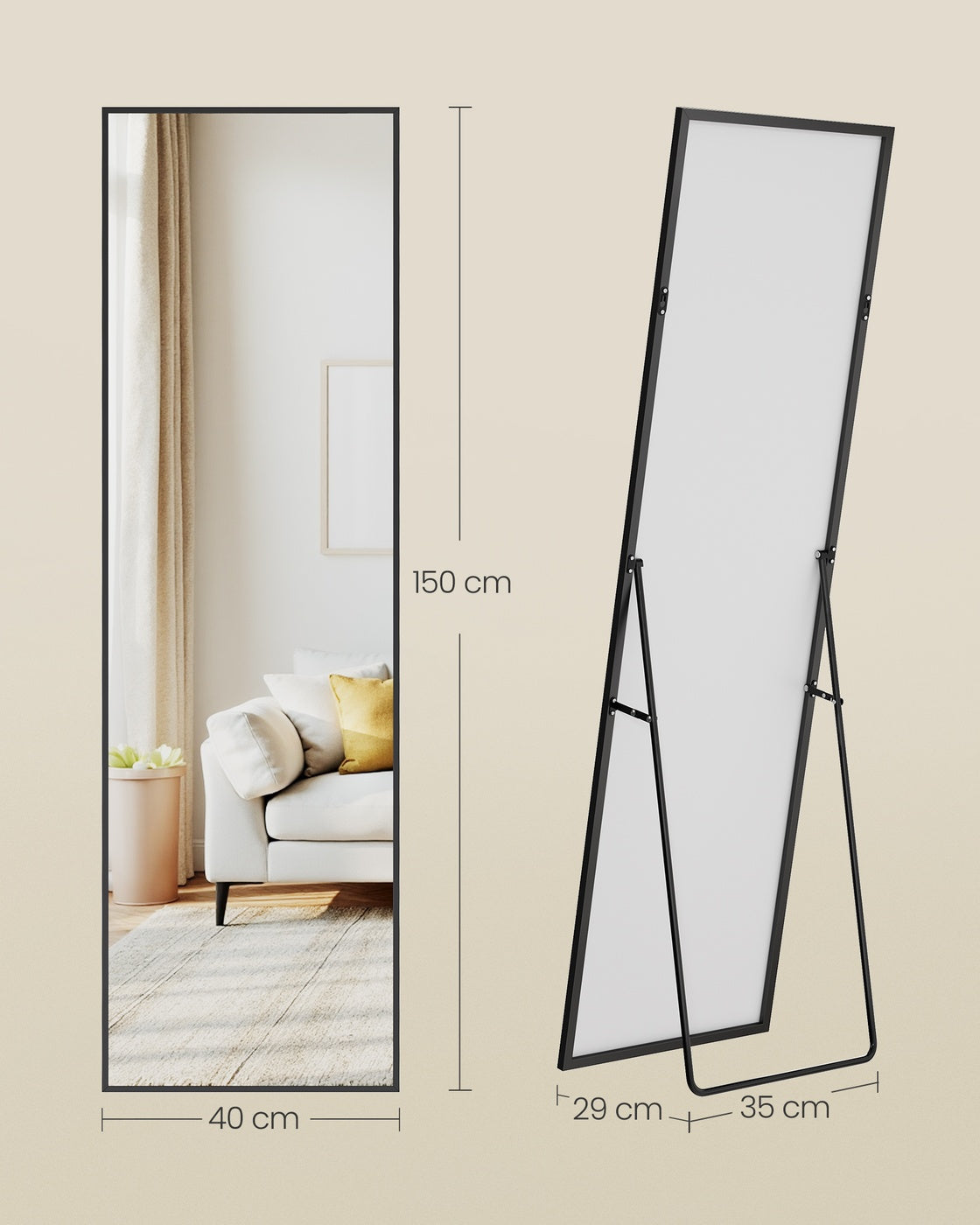 Passpiegel Staand 150 x 40 cm - Rechthoekig Met Aluminium Frame - Voor Slaapkamer
