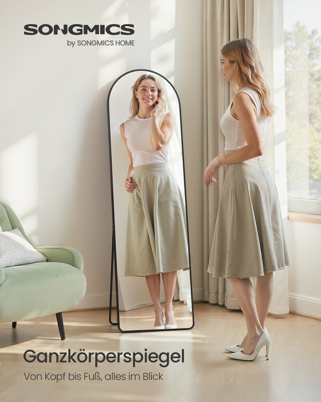 Passpiegel Staand 160 x 50 cm - Gewelfde Spiegel Met Aluminium Frame - Voor Slaapkamer