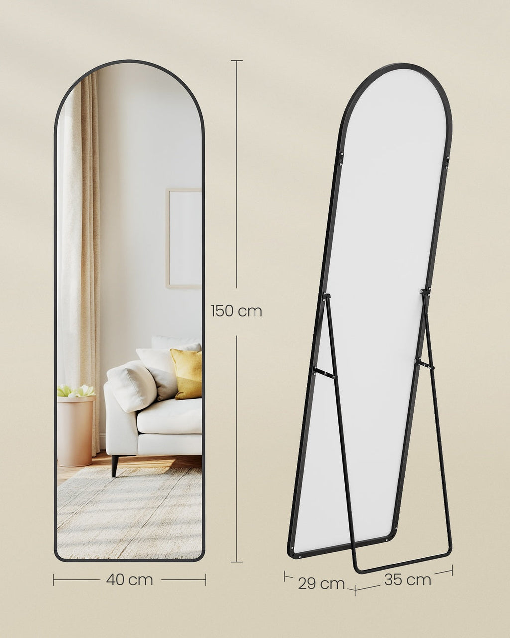 Passpiegel Staand 160 x 50 cm - Gewelfde Spiegel Met Aluminium Frame - Voor Slaapkamer