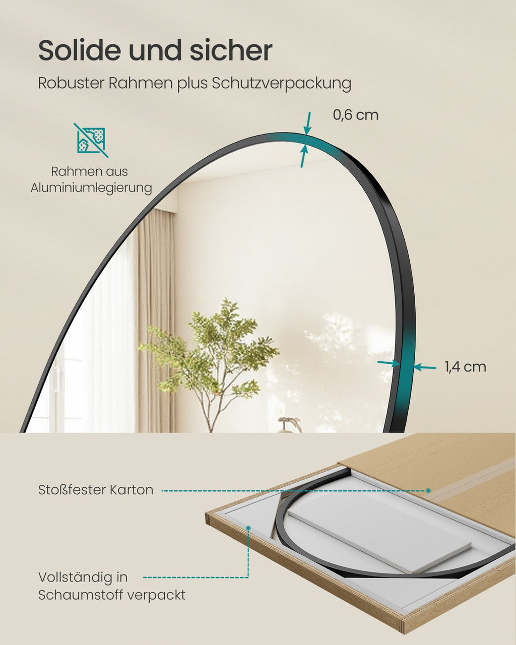 Passpiegel Staand 160 x 50 cm - Gewelfde Spiegel Met Aluminium Frame - Voor Slaapkamer