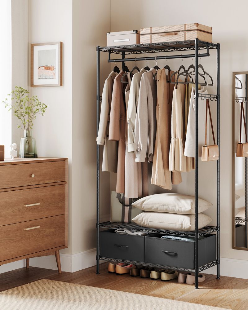 Kledingrek Zwart Metaal – Compact Garderoberek met Lades en Haken – Verstelbare Roede en Planken – 90 cm Breed – Tot 90 kg Draagvermogen