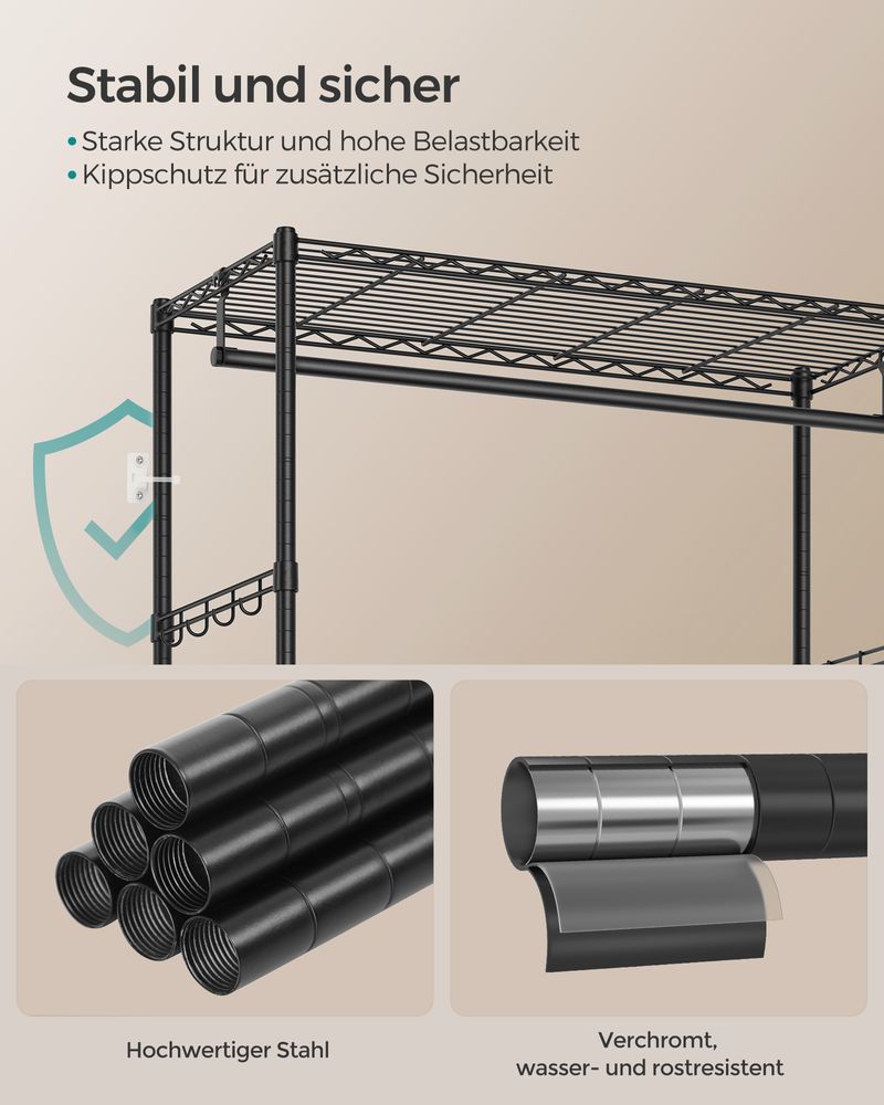 Kledingrek Zwart Metaal – Compact Garderoberek met Lades en Haken – Verstelbare Roede en Planken – 90 cm Breed – Tot 90 kg Draagvermogen