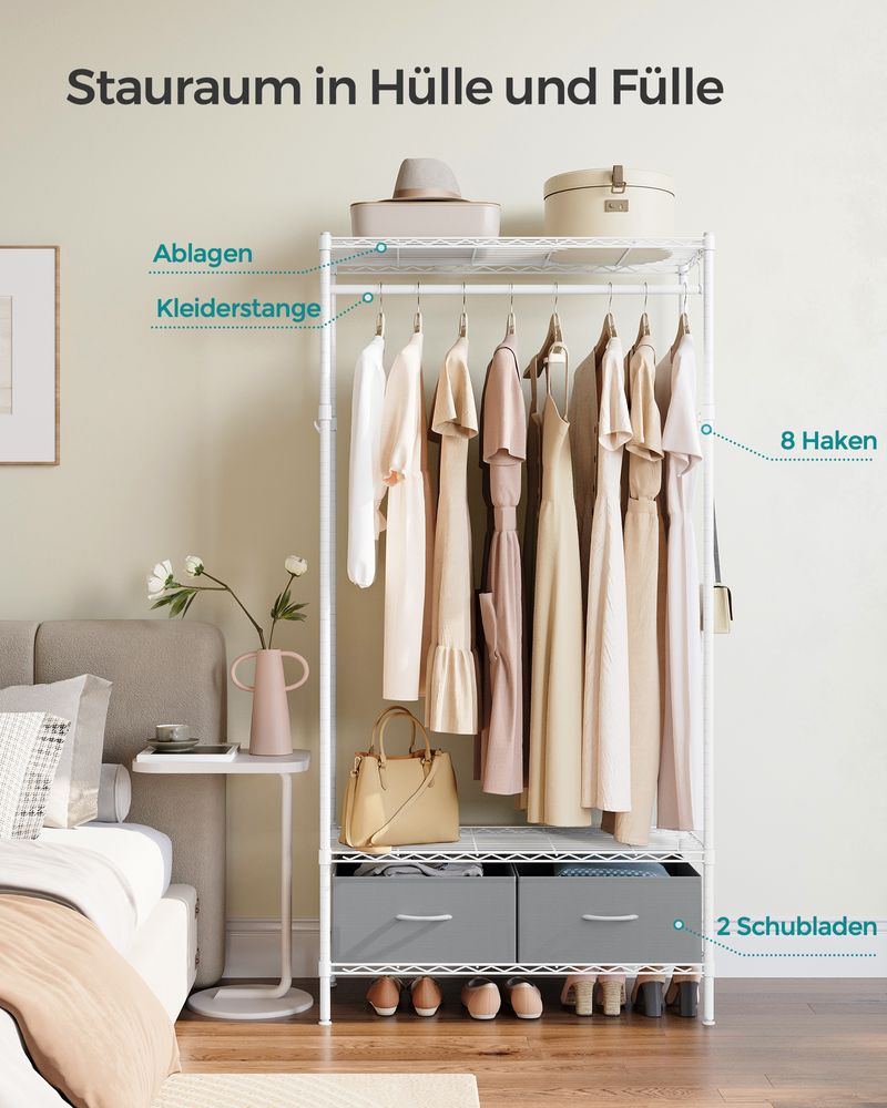 Kledingrek Zwart Metaal – Compact Garderoberek met Lades en Haken – Verstelbare Roede en Planken – 90 cm Breed – Tot 90 kg Draagvermogen