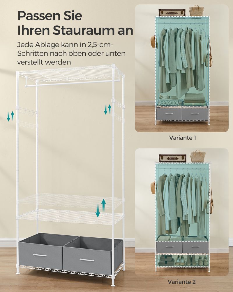 Kledingrek Zwart Metaal – Compact Garderoberek met Lades en Haken – Verstelbare Roede en Planken – 90 cm Breed – Tot 90 kg Draagvermogen