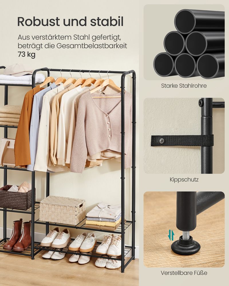Kledingrek Zwart Metaal – Open Garderoberek – Met Legplanken en Verstelbare Voeten – 73 cm Breed – Tot 48 kg Draagvermogen