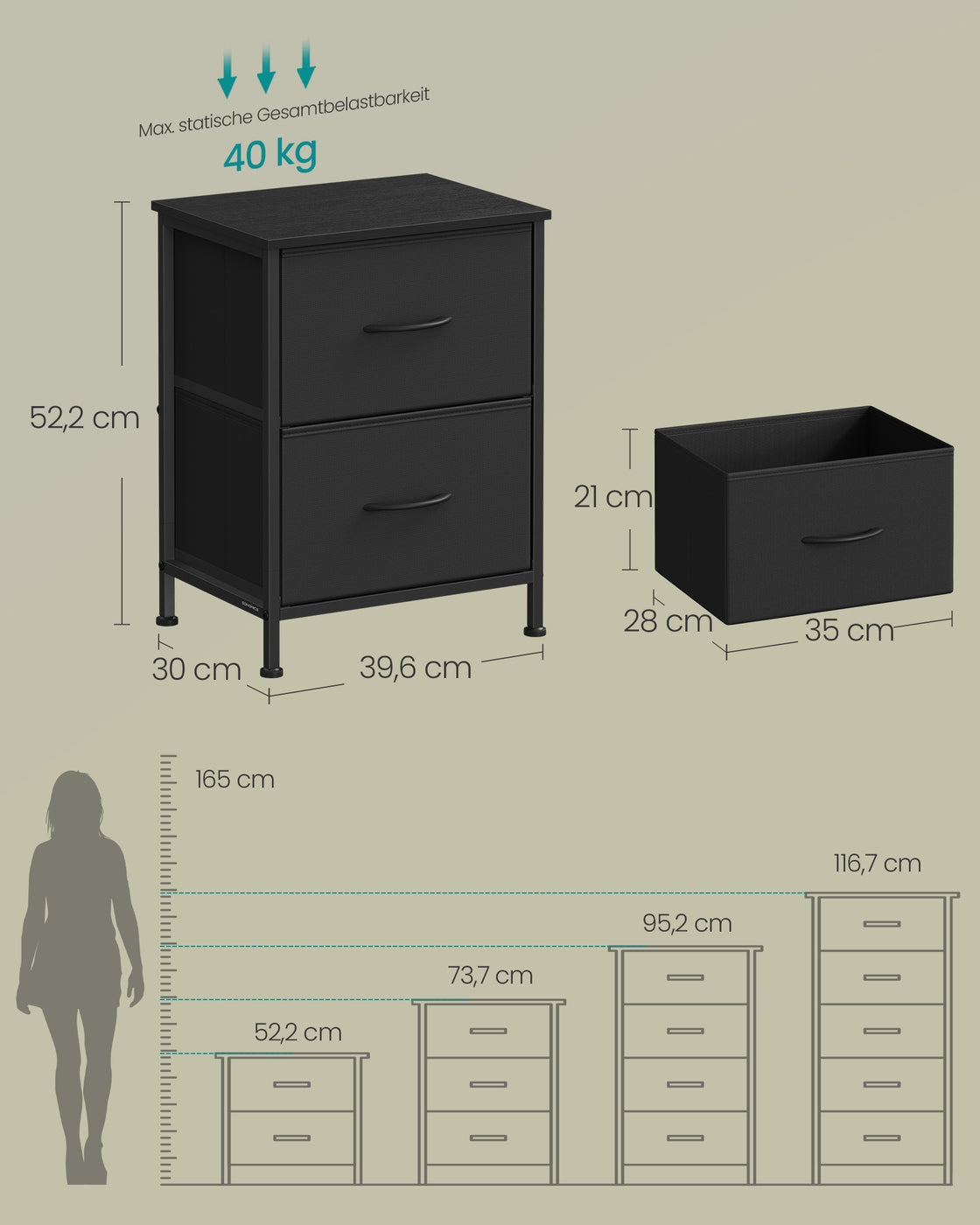 Bedkast – Commode met 4 stoffen lades – MDF en staal – 30 x 39,6 x 52,2 cm