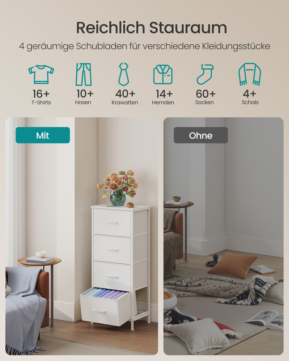 Dressoir Met 4 Stoffen Lades - Stalen Frame - Voor Slaapkamer Of Hal
