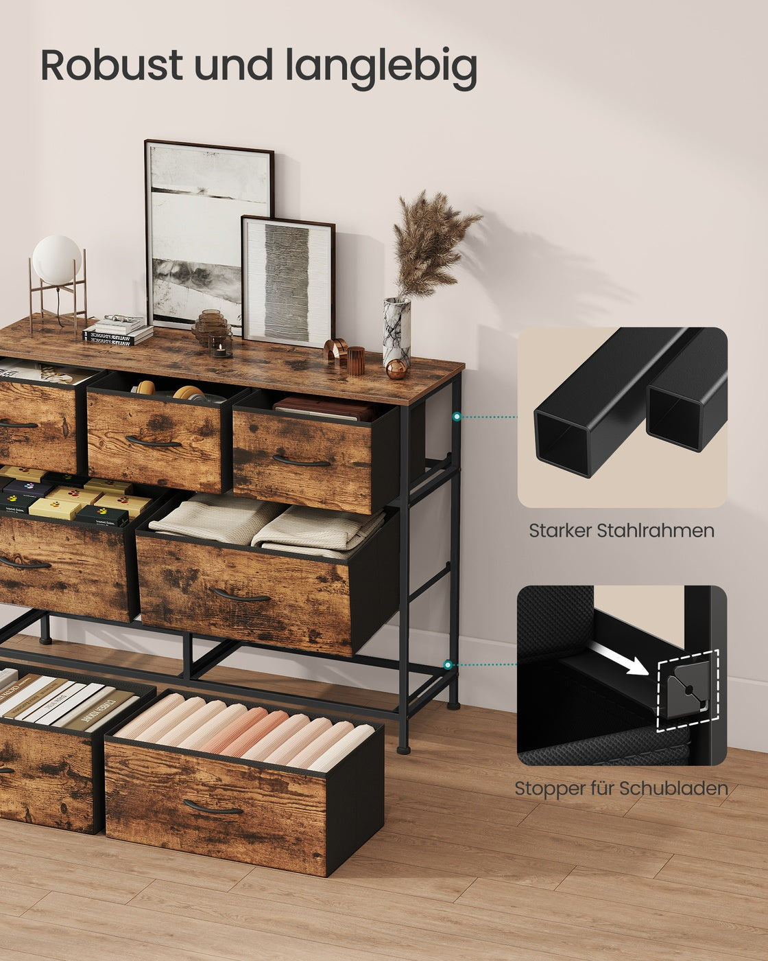 Grote Dressoir Met 7 Stoffen Lades - Stalen Frame - Voor Slaapkamer Of Woonkamer