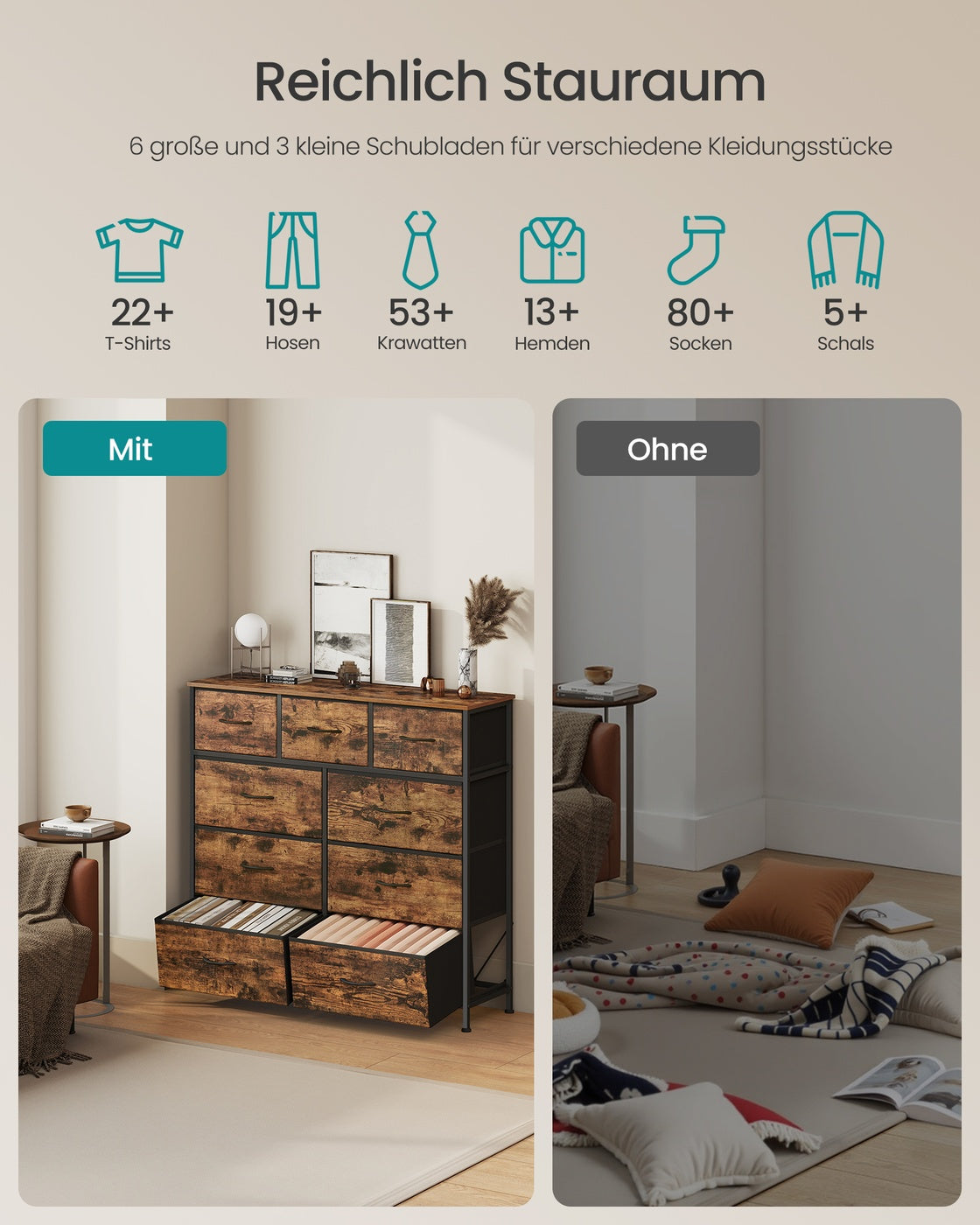 XL Dressoir Met 9 Stoffen Lades - Stalen Frame - Voor Slaapkamer Of Hal